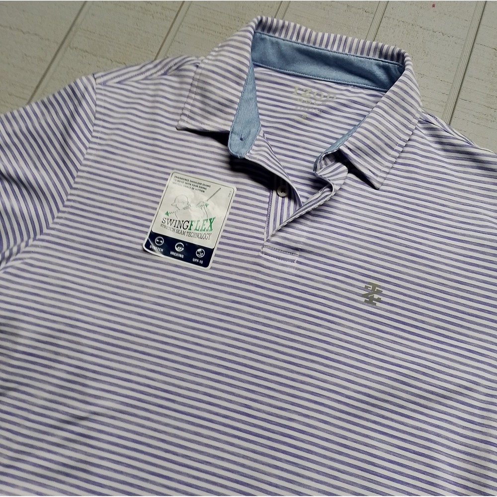 New Izod Golf Polo Shirt Mens Medium Purple White Stripe Polyester Blend Stretch